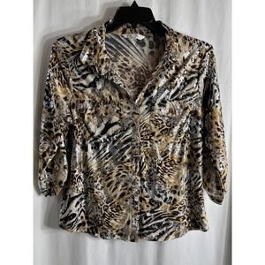 Emily‎ Daniels Women's Animal Print Metallic Button Down Shirt Size L